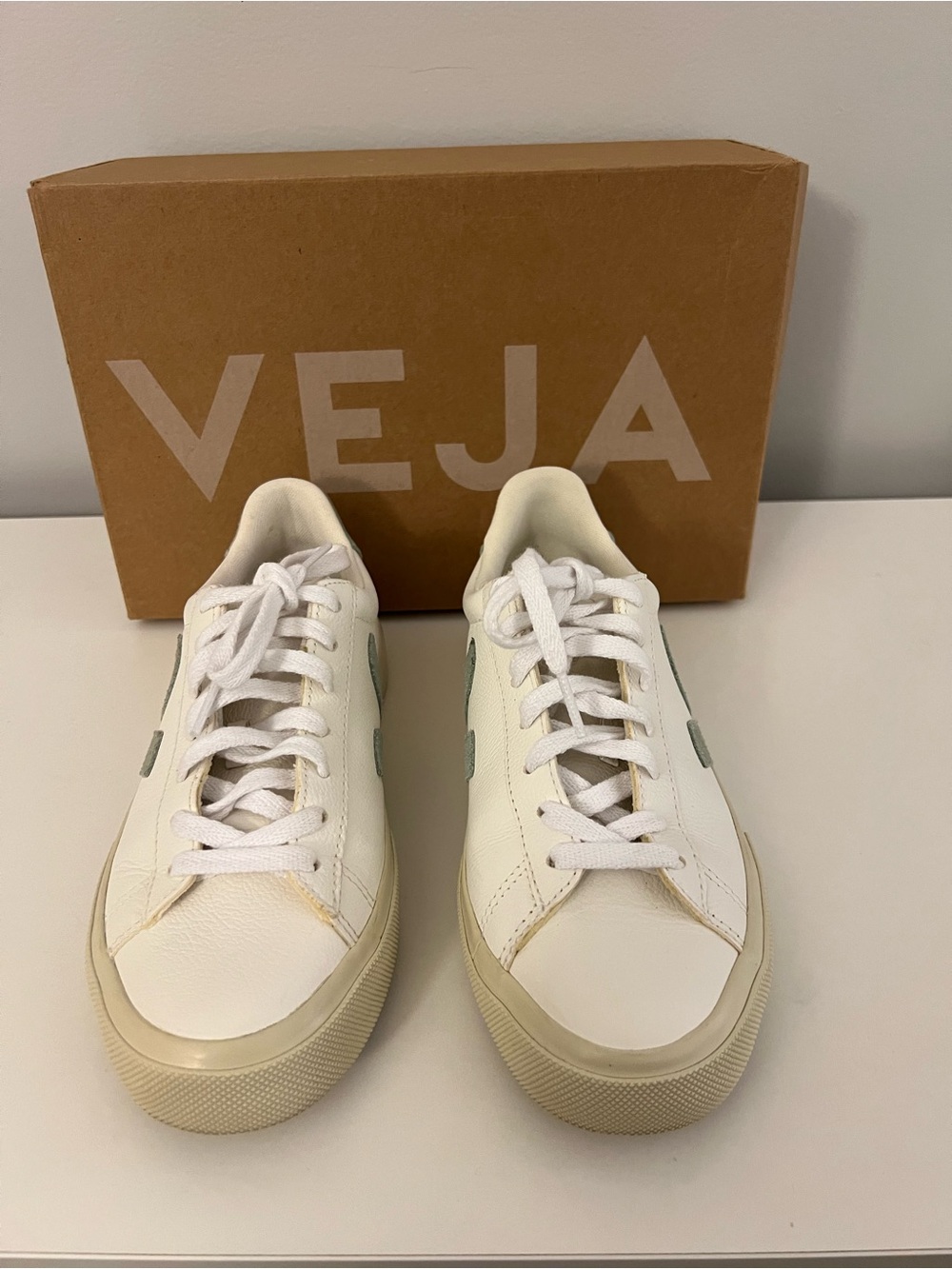 Veja Campo Leather Sneakers in White with Veja Logo in Aqua color, Size 5